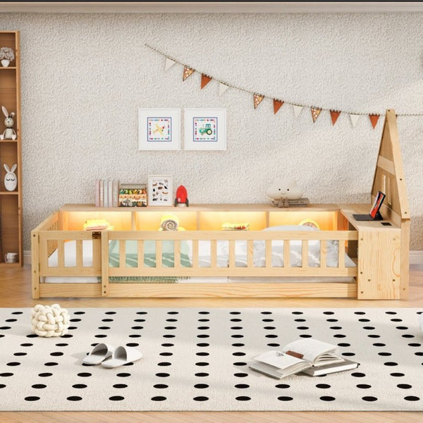 English Elm Twin House Headboard Floor Bed with Storage Shelves LED Lighting and USB Charging Ports Natural N709P439463N