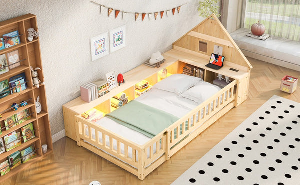 English Elm Twin House Headboard Floor Bed with Storage Shelves LED Lighting and USB Charging Ports Natural N709P439463N