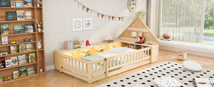 English Elm Twin House Headboard Floor Bed with Storage Shelves LED Lighting and USB Charging Ports Natural N709P439463N