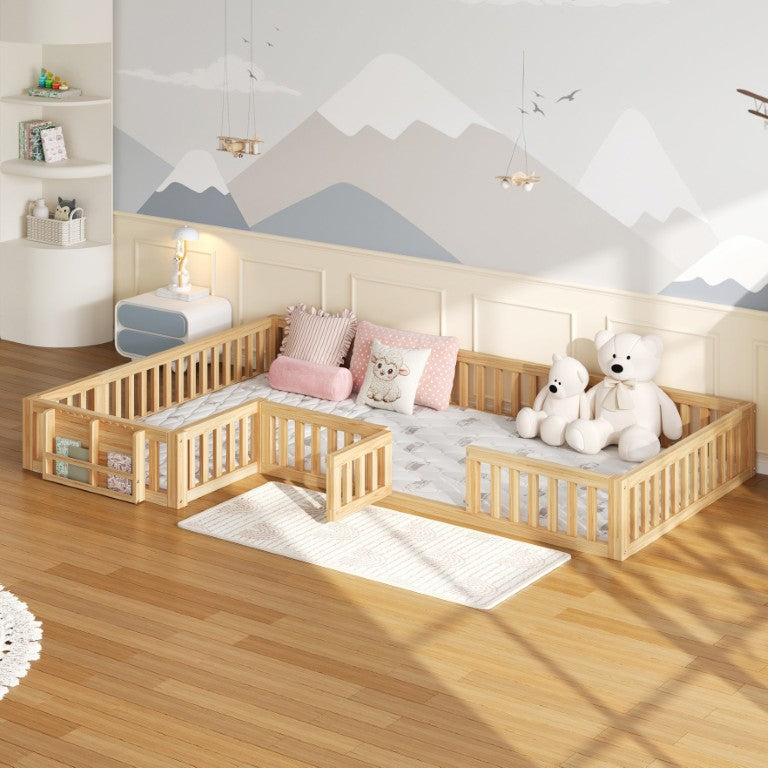 English Elm Twin and Full L-Shaped Kids Floor Bed with Guardrails Bookcase and Safety Gate Natural N709P503548N
