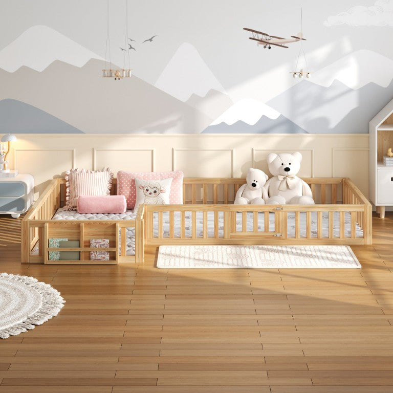 English Elm Twin and Full L-Shaped Kids Floor Bed with Guardrails Bookcase and Safety Gate Natural N709P503548N
