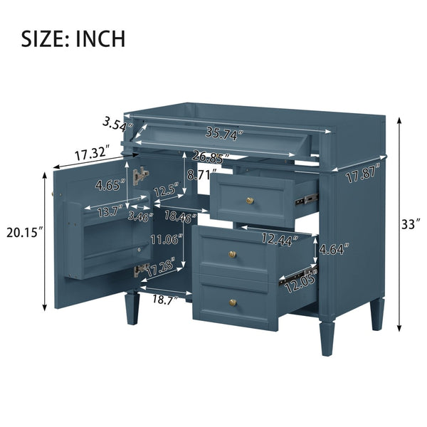 English Elm 36 Inch Bathroom Vanity Base Solid Rubberwood Cabinet with 3 Drawers Modern Style N710P186084M