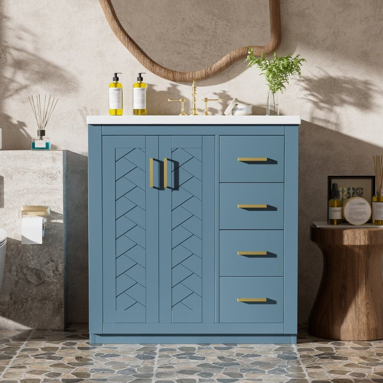 English Elm 30 Inch Freestanding Bathroom Vanity Solid Poplar Wood Cabinet with Ceramic Sink 3 Drawers N710P191947M