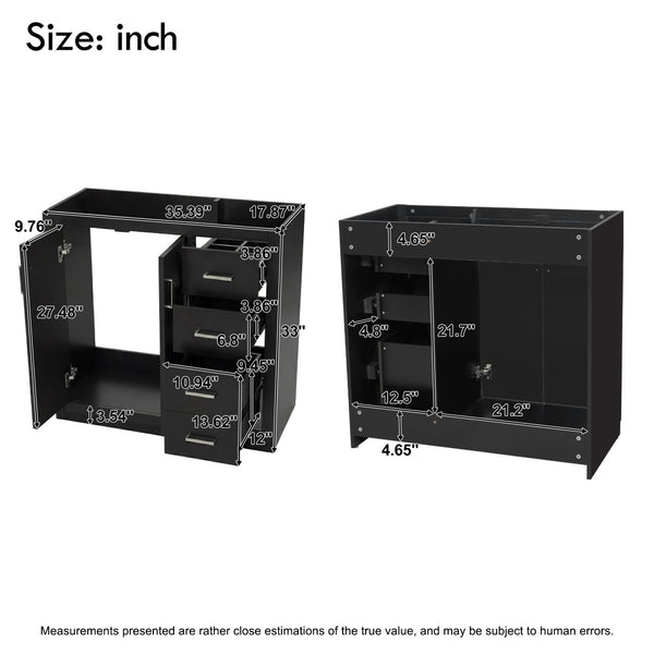 English Elm 36 Inch Freestanding Bathroom Vanity Solid Wood Frame with 3 Drawers and Soft Close Doors Black N710P209940B