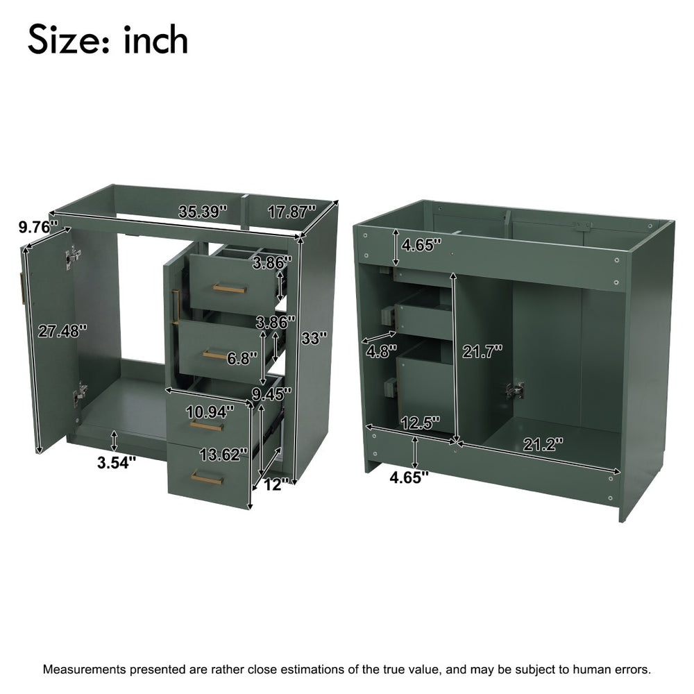 English Elm 36 Inch Freestanding Bathroom Vanity Solid Wood Frame with 3 Drawers and Soft Close Doors Green N710P209940F