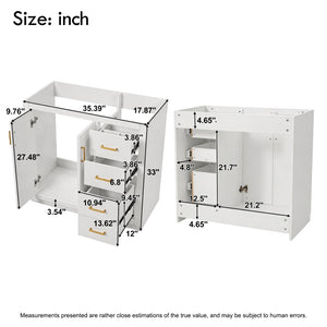 English Elm 36 Inch Freestanding Bathroom Vanity Solid Wood Frame with 3 Drawers and Soft Close Doors White N710P209940K