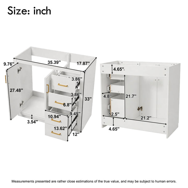 English Elm 36 Inch Freestanding Bathroom Vanity Solid Wood Frame with 3 Drawers and Soft Close Doors White N710P209940K