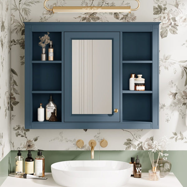 English Elm 35'' Indigo Blue Wall Mounted Bathroom Mirror Cabinet with Open Shelves and Vintage Hardware N710P236930M