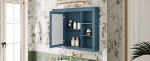 English Elm 35'' Indigo Blue Wall Mounted Bathroom Mirror Cabinet with Open Shelves and Vintage Hardware N710P236930M
