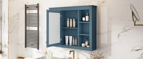 English Elm 35'' Indigo Blue Wall Mounted Bathroom Mirror Cabinet with Open Shelves and Vintage Hardware N710P236930M