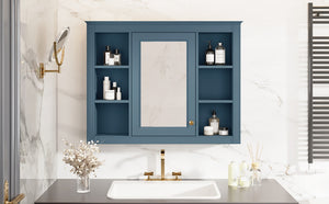English Elm 35'' Indigo Blue Wall Mounted Bathroom Mirror Cabinet with Open Shelves and Vintage Hardware N710P236930M