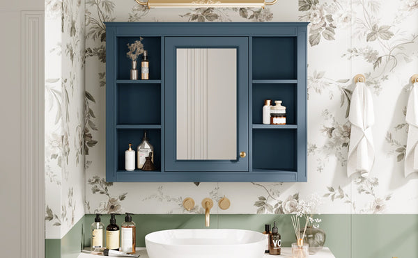English Elm 35'' Indigo Blue Wall Mounted Bathroom Mirror Cabinet with Open Shelves and Vintage Hardware N710P236930M