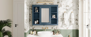 English Elm 35'' Indigo Blue Wall Mounted Bathroom Mirror Cabinet with Open Shelves and Vintage Hardware N710P236930M