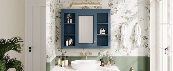 English Elm 35'' Indigo Blue Wall Mounted Bathroom Mirror Cabinet with Open Shelves and Vintage Hardware N710P236930M