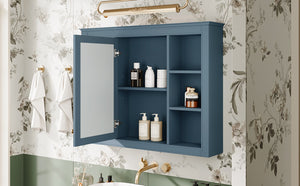 English Elm 35'' Indigo Blue Wall Mounted Bathroom Mirror Cabinet with Open Shelves and Vintage Hardware N710P236930M