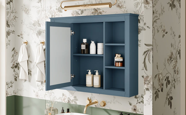 English Elm 35'' Indigo Blue Wall Mounted Bathroom Mirror Cabinet with Open Shelves and Vintage Hardware N710P236930M