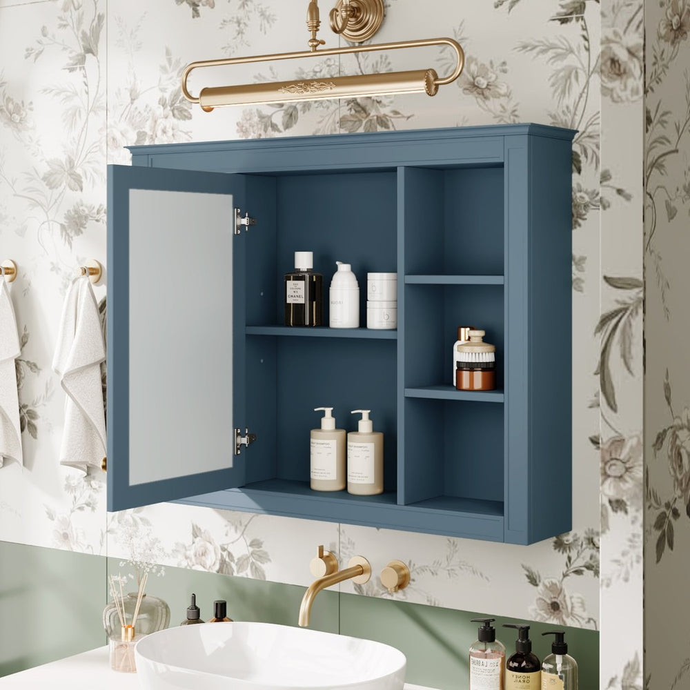 English Elm 35'' Indigo Blue Wall Mounted Bathroom Mirror Cabinet with Open Shelves and Vintage Hardware N710P236930M