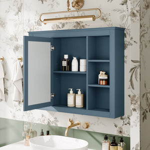 English Elm 35'' Indigo Blue Wall Mounted Bathroom Mirror Cabinet with Open Shelves and Vintage Hardware N710P236930M