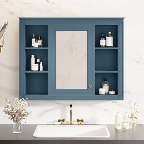 English Elm 35'' Indigo Blue Wall Mounted Bathroom Mirror Cabinet with Open Shelves and Vintage Hardware N710P236930M