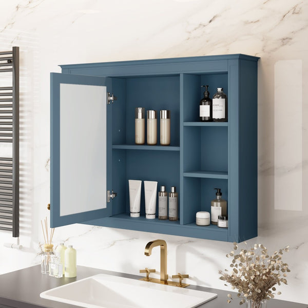 English Elm 35'' Indigo Blue Wall Mounted Bathroom Mirror Cabinet with Open Shelves and Vintage Hardware N710P236930M