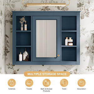 English Elm 35'' Indigo Blue Wall Mounted Bathroom Mirror Cabinet with Open Shelves and Vintage Hardware N710P236930M