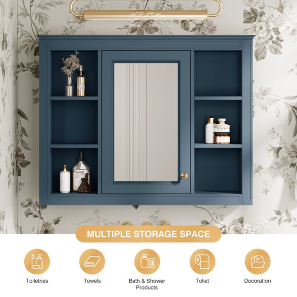 English Elm 35'' Indigo Blue Wall Mounted Bathroom Mirror Cabinet with Open Shelves and Vintage Hardware N710P236930M