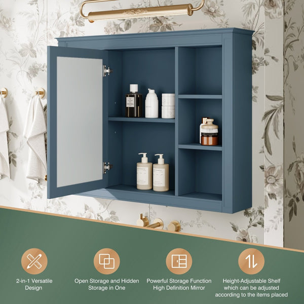 English Elm 35'' Indigo Blue Wall Mounted Bathroom Mirror Cabinet with Open Shelves and Vintage Hardware N710P236930M