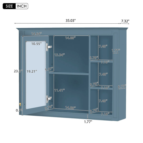 English Elm 35'' Indigo Blue Wall Mounted Bathroom Mirror Cabinet with Open Shelves and Vintage Hardware N710P236930M
