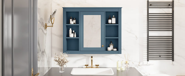English Elm 35'' Indigo Blue Wall Mounted Bathroom Mirror Cabinet with Open Shelves and Vintage Hardware N710P236930M