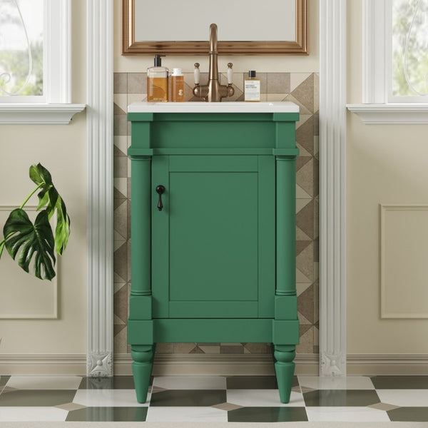 English Elm 18-Inch Freestanding Bathroom Vanity Ceramic Sink Pine Legs Muted Green Retro Cabinet N710P257401S
