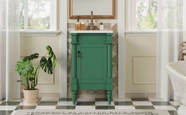 English Elm 18-Inch Freestanding Bathroom Vanity Ceramic Sink Pine Legs Muted Green Retro Cabinet N710P257401S