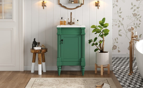 English Elm 18-Inch Freestanding Bathroom Vanity Ceramic Sink Pine Legs Muted Green Retro Cabinet N710P257401S