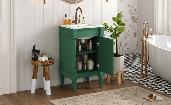 English Elm 18-Inch Freestanding Bathroom Vanity Ceramic Sink Pine Legs Muted Green Retro Cabinet N710P257401S