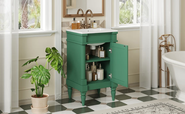 English Elm 18-Inch Freestanding Bathroom Vanity Ceramic Sink Pine Legs Muted Green Retro Cabinet N710P257401S
