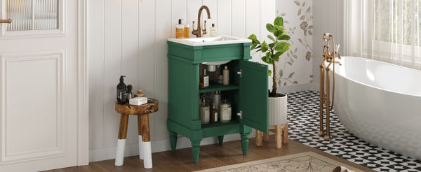 English Elm 18-Inch Freestanding Bathroom Vanity Ceramic Sink Pine Legs Muted Green Retro Cabinet N710P257401S