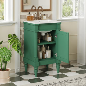 English Elm 18-Inch Freestanding Bathroom Vanity Ceramic Sink Pine Legs Muted Green Retro Cabinet N710P257401S