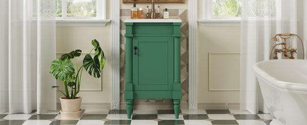 English Elm 18-Inch Freestanding Bathroom Vanity Ceramic Sink Pine Legs Muted Green Retro Cabinet N710P257401S