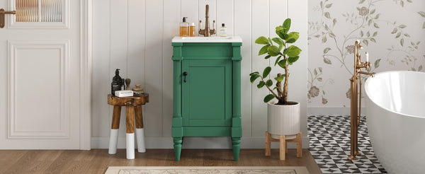 English Elm 18-Inch Freestanding Bathroom Vanity Ceramic Sink Pine Legs Muted Green Retro Cabinet N710P257401S