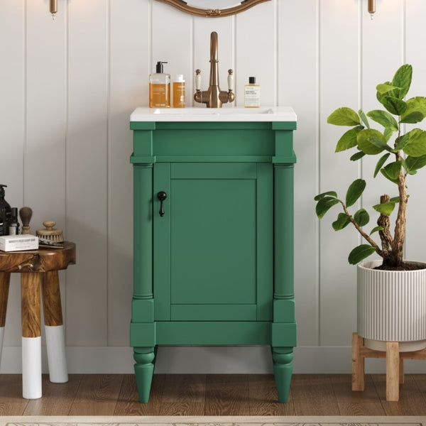 English Elm 18-Inch Freestanding Bathroom Vanity Ceramic Sink Pine Legs Muted Green Retro Cabinet N710P257401S