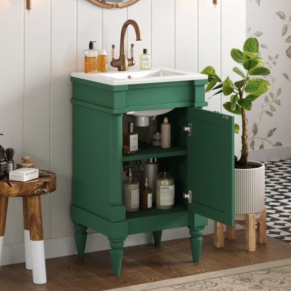 English Elm 18-Inch Freestanding Bathroom Vanity Ceramic Sink Pine Legs Muted Green Retro Cabinet N710P257401S