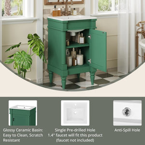 English Elm 18-Inch Freestanding Bathroom Vanity Ceramic Sink Pine Legs Muted Green Retro Cabinet N710P257401S
