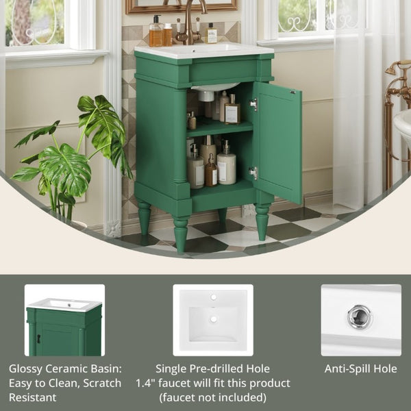 English Elm 18-Inch Freestanding Bathroom Vanity Ceramic Sink Pine Legs Muted Green Retro Cabinet N710P257401S