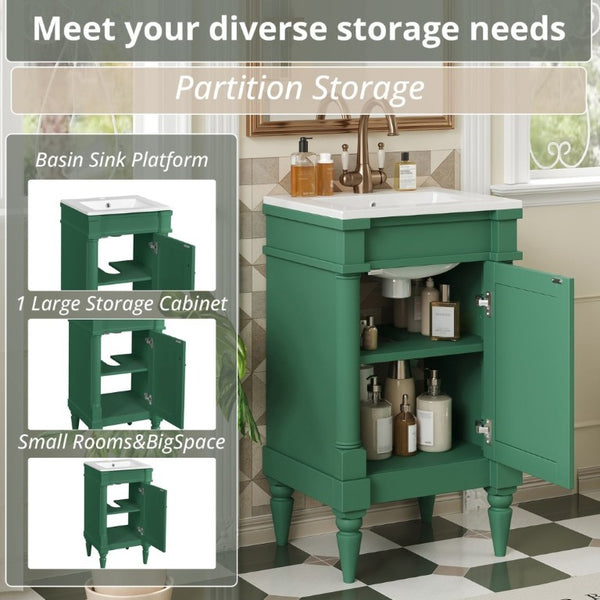 English Elm 18-Inch Freestanding Bathroom Vanity Ceramic Sink Pine Legs Muted Green Retro Cabinet N710P257401S