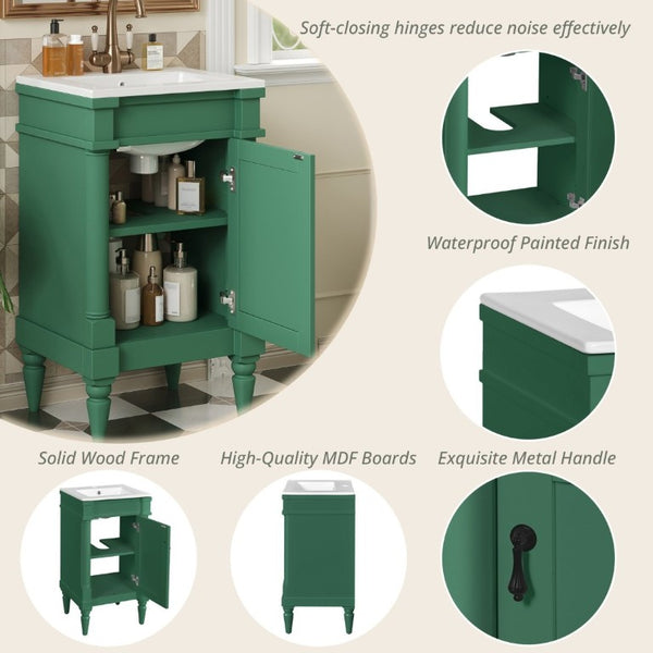 English Elm 18-Inch Freestanding Bathroom Vanity Ceramic Sink Pine Legs Muted Green Retro Cabinet N710P257401S