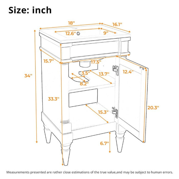 English Elm 18-Inch Freestanding Bathroom Vanity Ceramic Sink Pine Legs Muted Green Retro Cabinet N710P257401S