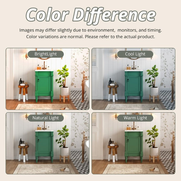 English Elm 18-Inch Freestanding Bathroom Vanity Ceramic Sink Pine Legs Muted Green Retro Cabinet N710P257401S