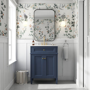 English Elm 24 Inch French Carved Bathroom Vanity with Ceramic Sink Soft Close Doors and Tip Out Drawer Blue N710P293309C