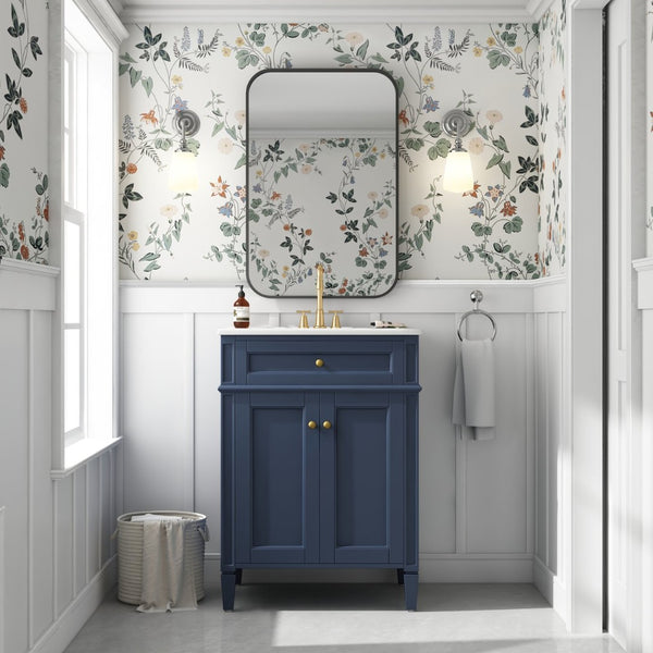 English Elm 24 Inch French Carved Bathroom Vanity with Ceramic Sink Soft Close Doors and Tip Out Drawer Blue N710P293309C