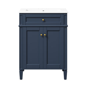 English Elm 24 Inch French Carved Bathroom Vanity with Ceramic Sink Soft Close Doors and Tip Out Drawer Blue N710P293309C