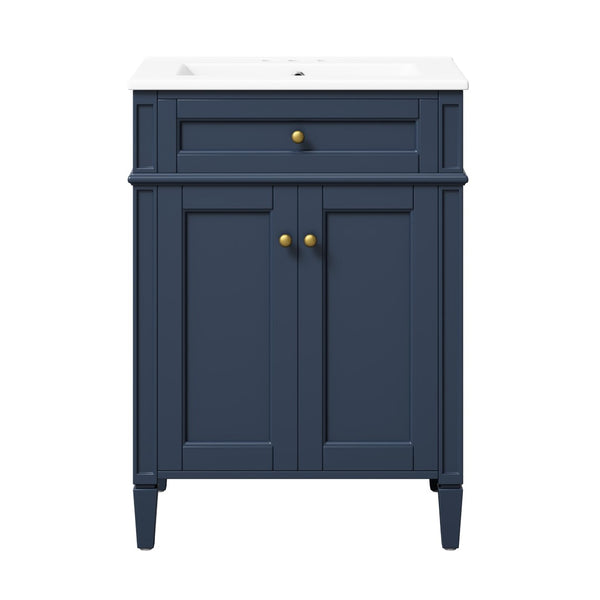 English Elm 24 Inch French Carved Bathroom Vanity with Ceramic Sink Soft Close Doors and Tip Out Drawer Blue N710P293309C